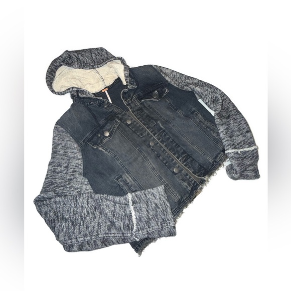 Free People Washed Black Denim Knit Hoodie Jacket 100% Cotton Size L - Picture 3 of 10